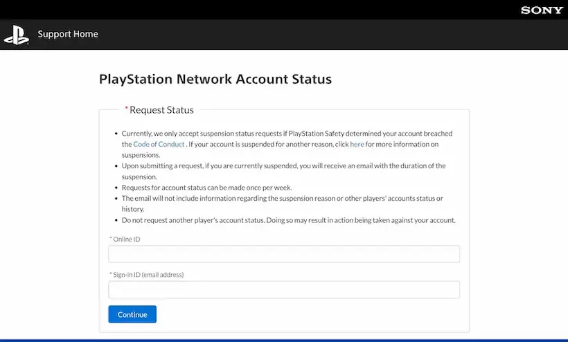 Autoservice page of Account Management of Sony PlayStation